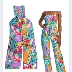 Toxik3 Wide Leg Romper HalterJumpsuit Open Back Womens Size Small Floral Bright
