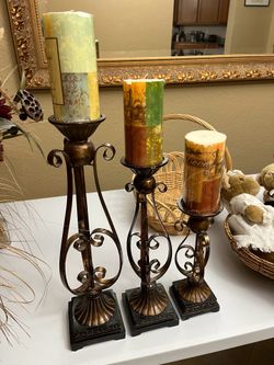 FANCY SET OF 3 CANDLE HOLDERS AND CANDLES/ WAS $75/ NOW $25