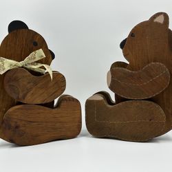 Two Sitting Wooden Teddy Bears Brown 12” With Movable Limbs Arms & Feet Vintage