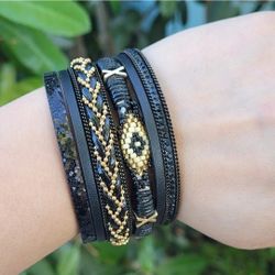 Bohemian Style Mixed Leather Stack Bracelet Black with Magnetic Closure