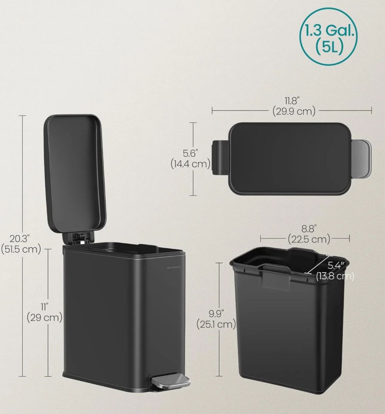 SONGMICS Bathroom 1.3 Gallon (5 L) Small Trash Can Bin with Lid - Black