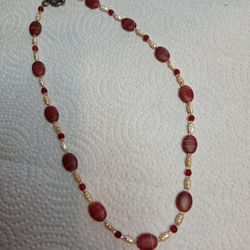 Red Glass And Pearl Necklace 