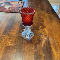 Vintage Candle Holder Red Diamond Point Glass