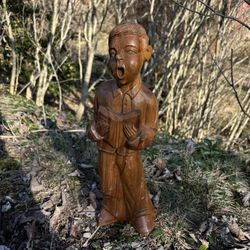 Vintage Boy Statue Wooden Singing Brown 