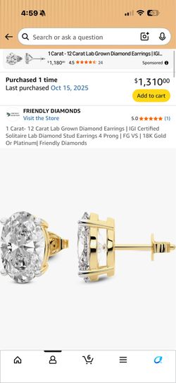 2 carat lab grown diamond oval earrings 18k gold (firm on price)
