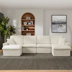 Modern minimalist U-shaped sectional sofa. Chic design, comfy deep seats with plush chenille fabric, and no assembly required. Enjoy cloud-like comfor