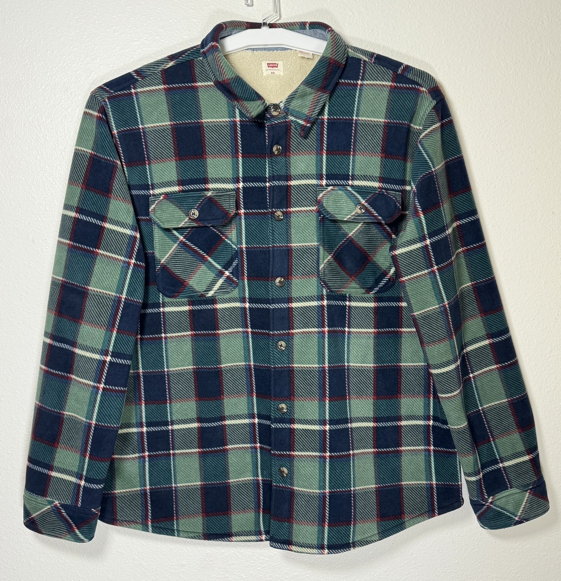 Levis Sherpa Faux Fur Lined Jacket Mens XXL Blue Green Plaid Flannel Trucker