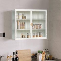 27.56 in. W x 9.06 in. D x 23.62 in. H 2 Glass Doors Metal Bathroom Storage Wall Cabinet with 3-Tier Shelf in White