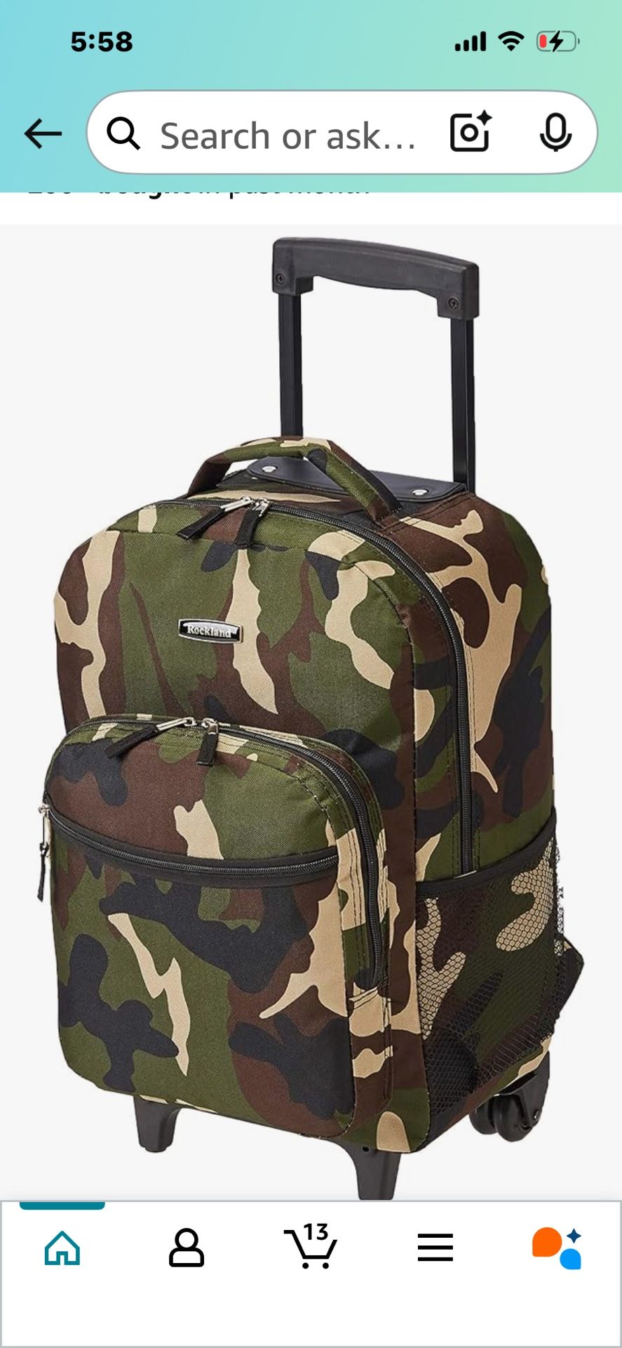 Rockland Double Handle Rolling Backpack, CAMO, 17-Inch