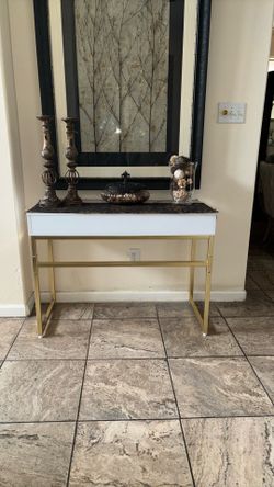 Golden And White Modern Desk It’s 31 By 42 Inches.