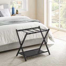Luggage Rack for Airbnb Guest Room, Suitcase Stand with Storage Shelf, Steel Frame, Foldable,Black