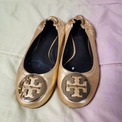 Tory Burch Spark Gold Leather Ballet Flat Shoes 