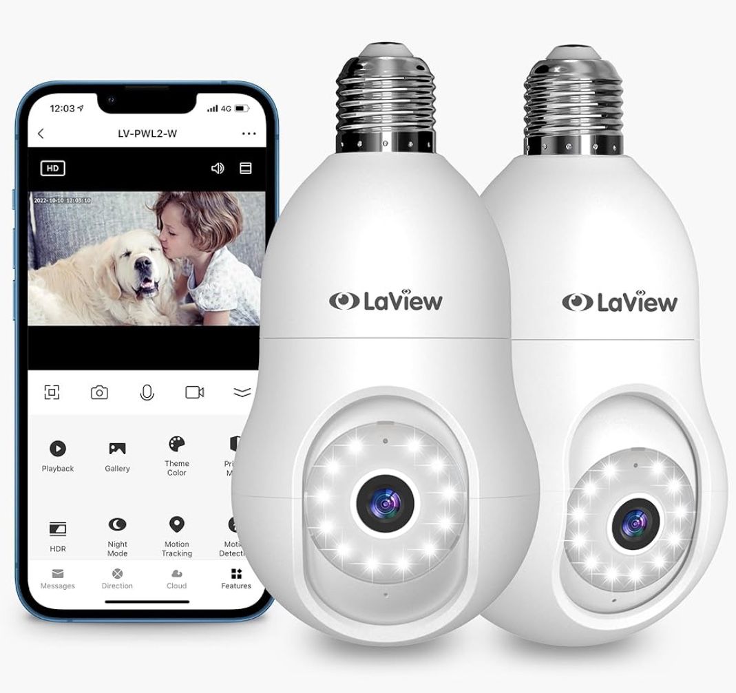 LaView 4MP Bulb Security Camera 2.4GHz,360° 2K Security Cameras Wireless Outdoor Indoor Full Color Day and Night, Motion Detection, Audible Alarm, Eas