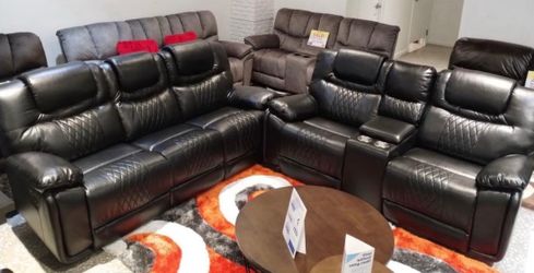 Limited time sale. Santiago black leather reclining sofa and loveseat set only $999. Easy finance option. Same-day delivery.