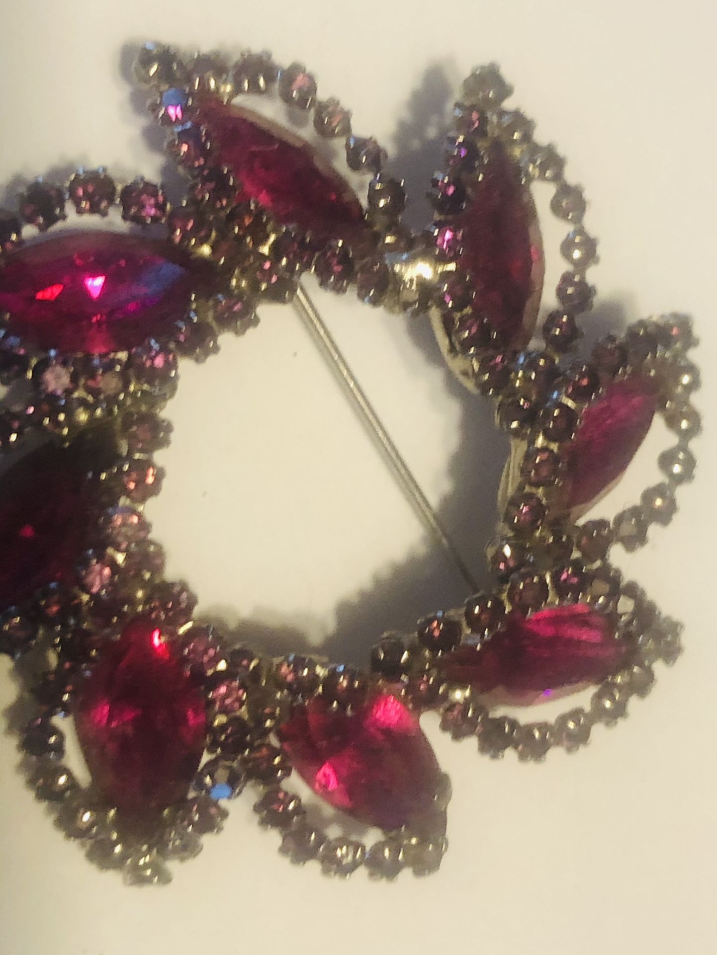 Antique Rhinestone And Rose Glass Brooch Pin 2 inches