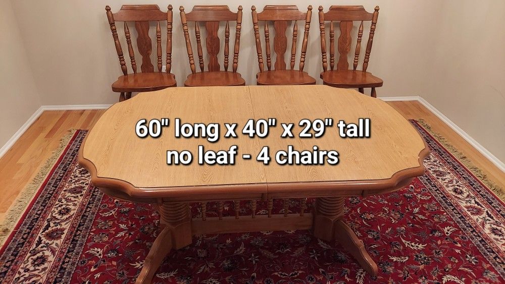 Dining room set - 60 x 40 x 29t
Table and 4 chairs
Pet free home
Very sturdy!
A few minor blemishes.
