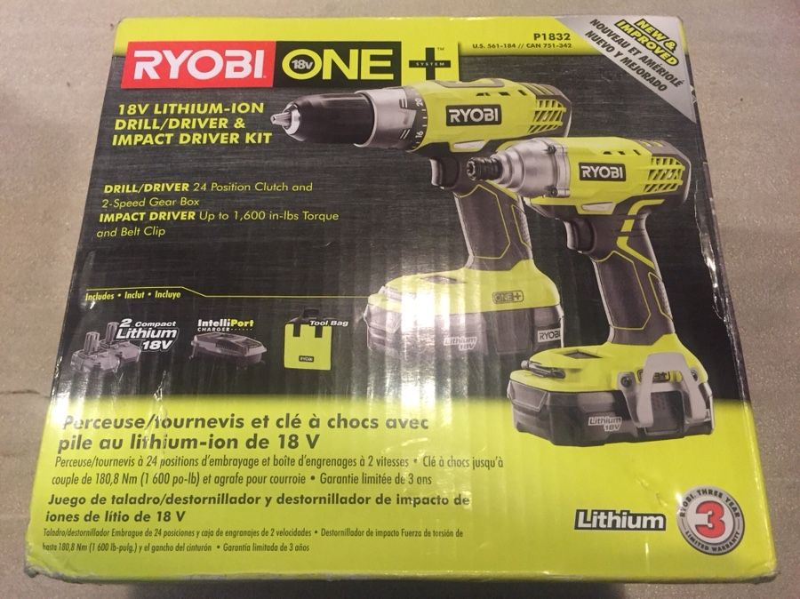 NEW! Ryobi P1832 18-Volt ONE+ Lithium-Ion Cordless Drill/Driver, Impact Driver, 2 batteries, Charger & Tool Bag Combo