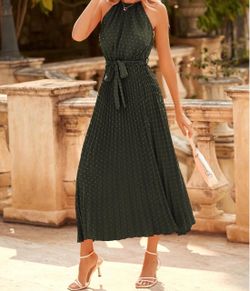 Green, pleated, sleeveless, halter neck, maxi dress