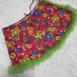 Vibrant  skirt with colorful floral design. Features playful green trim. Ideal for fun outings.  New 2x pink short stretchy wrap mini hippie 60s skirt