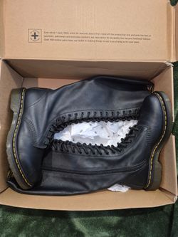 Dr. Martens 1B60 Black Virginia leather knee high boots with yellow stitching