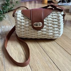 Rattan and Faux Leather Handbag With Adjustable Crossbody Strap