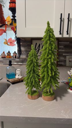 Green Tinsel Mini Christmas Trees Set of 2