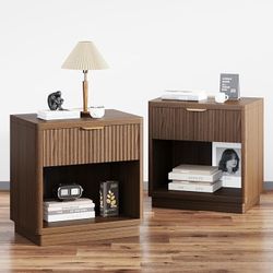 Fluted Nightstand Set of 2, Wooden Night Stand with Charging Station, Bedside Table with Drawer, Modern Mid Century End Tables for Bedroom Sofa Couch 
