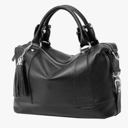 NEW Heshe Leather Shoulder Bag Womens Tote Top Handle Handbags Cross Body Black