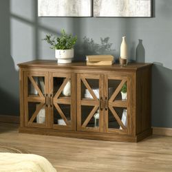 Sideboard Buffet Cabinet, Glass Door Credenza, Coffee Bar Cabinet with Adjustable Shelf, Natural