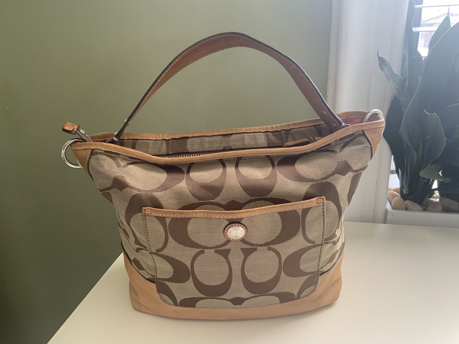 COACH Tan Signature Canvas Hobo Bag 