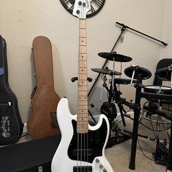 Squier Jazz Bass Guitar 4 String Electric White/Black Contemporary Active Solid Body