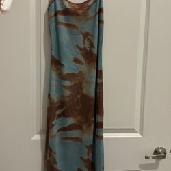 Women Midi Dress, Size Medium, Blue and Brown, Length about 43Inches, Breathable