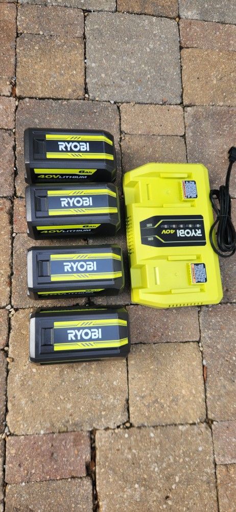 Ryobi 40v (4)battery 6ah And Dual Port Rapid Charger 