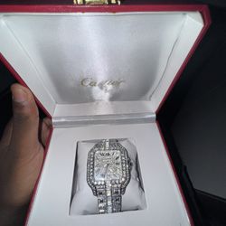 Iced-Out Square Moissanite Watch - Silver - Date Display