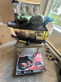 Camping tent, gas, bed,swing, lamp with 3 camping chair free