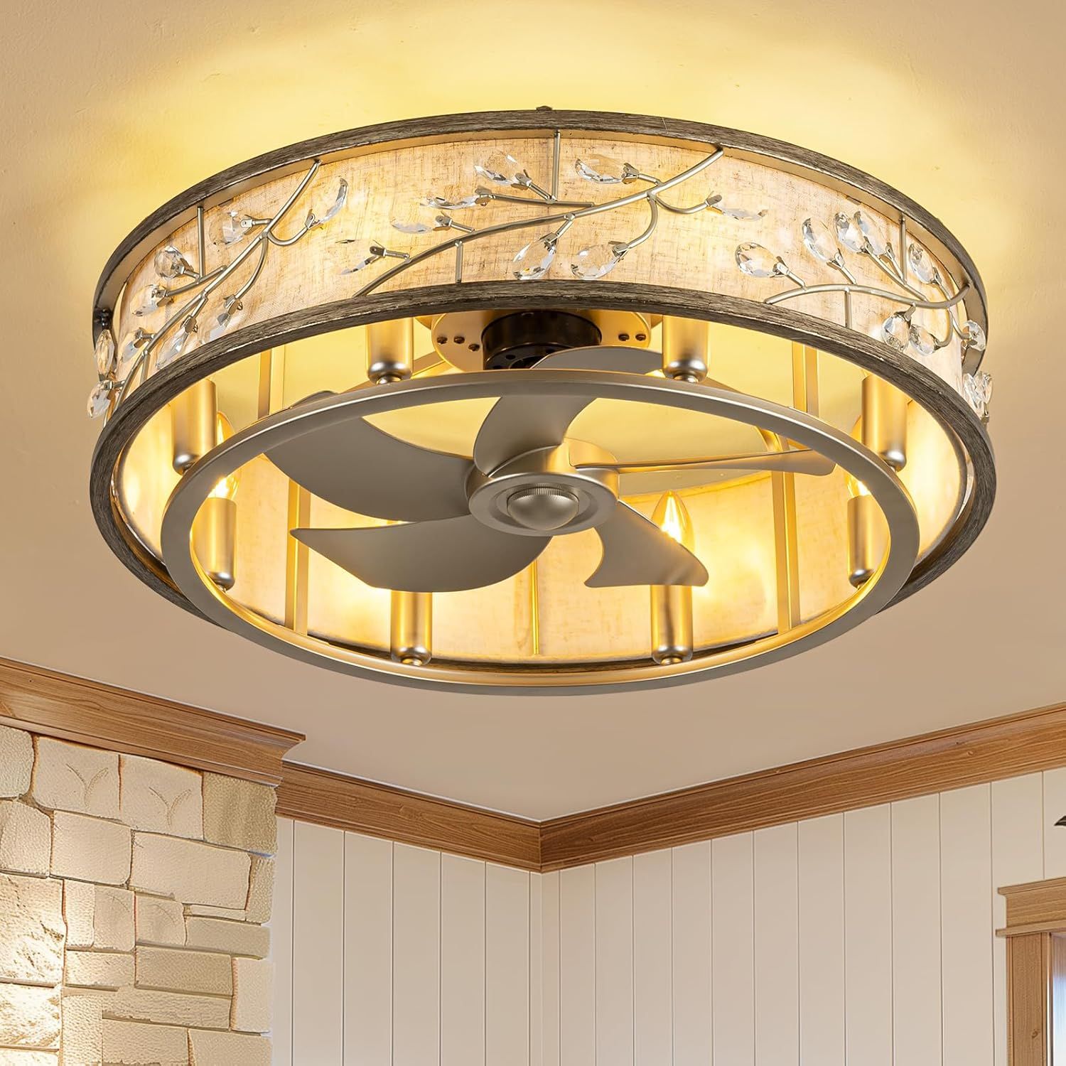 WWM Flush Mount Caged Ceiling Fan with Light and Remote, 24" Crystal Low Profile Ceiling Fans with Reversible Motor, Modern Small Bladeless Fan for Be