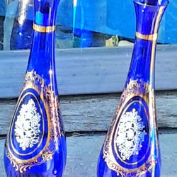 Tall 15" cobalt blue Italian Murano or Czech glass stoppered bottles or vases