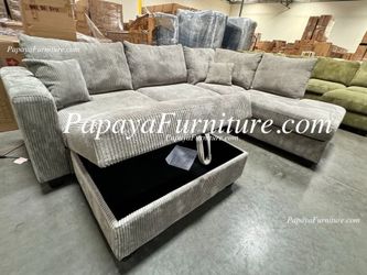 NEW Grey Sectional Sofa and Chaise Set FREE STORAGE OTTOMAN Light Gray Fabric Modern Ashley Designer Style Discount Furniture Warehouse Couch BIG SALE