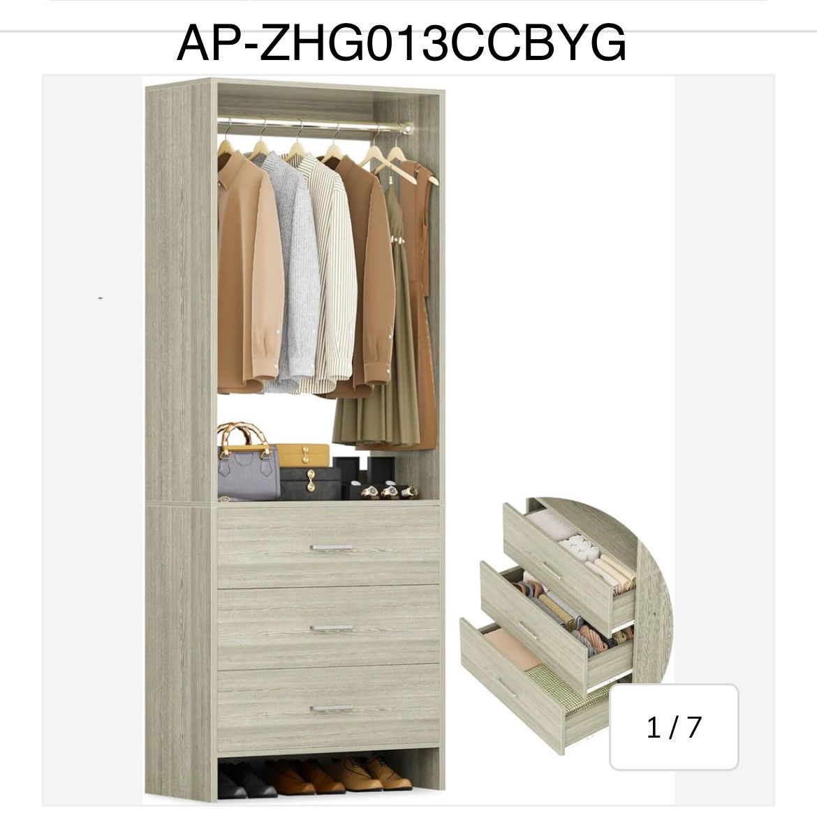 2FT Stand Closet System with 3 Wood Drawers, 24 Inch Clothes Storage Organizer for Closet & Bedroom