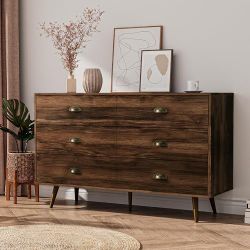 JOZZBY 6 Drawer Dresser for Bedroom Walnut Wood Dressers with Golden Handles Mid Century Modern