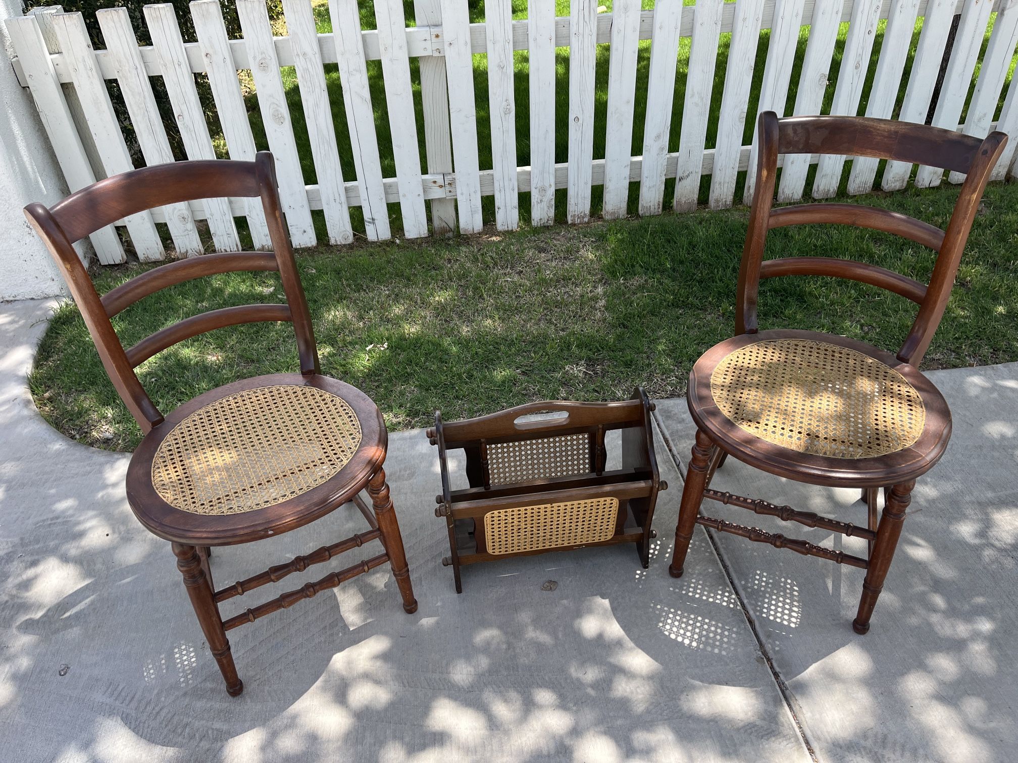 Antique Wood And Cane Chairs And Matching Magazine Rack
