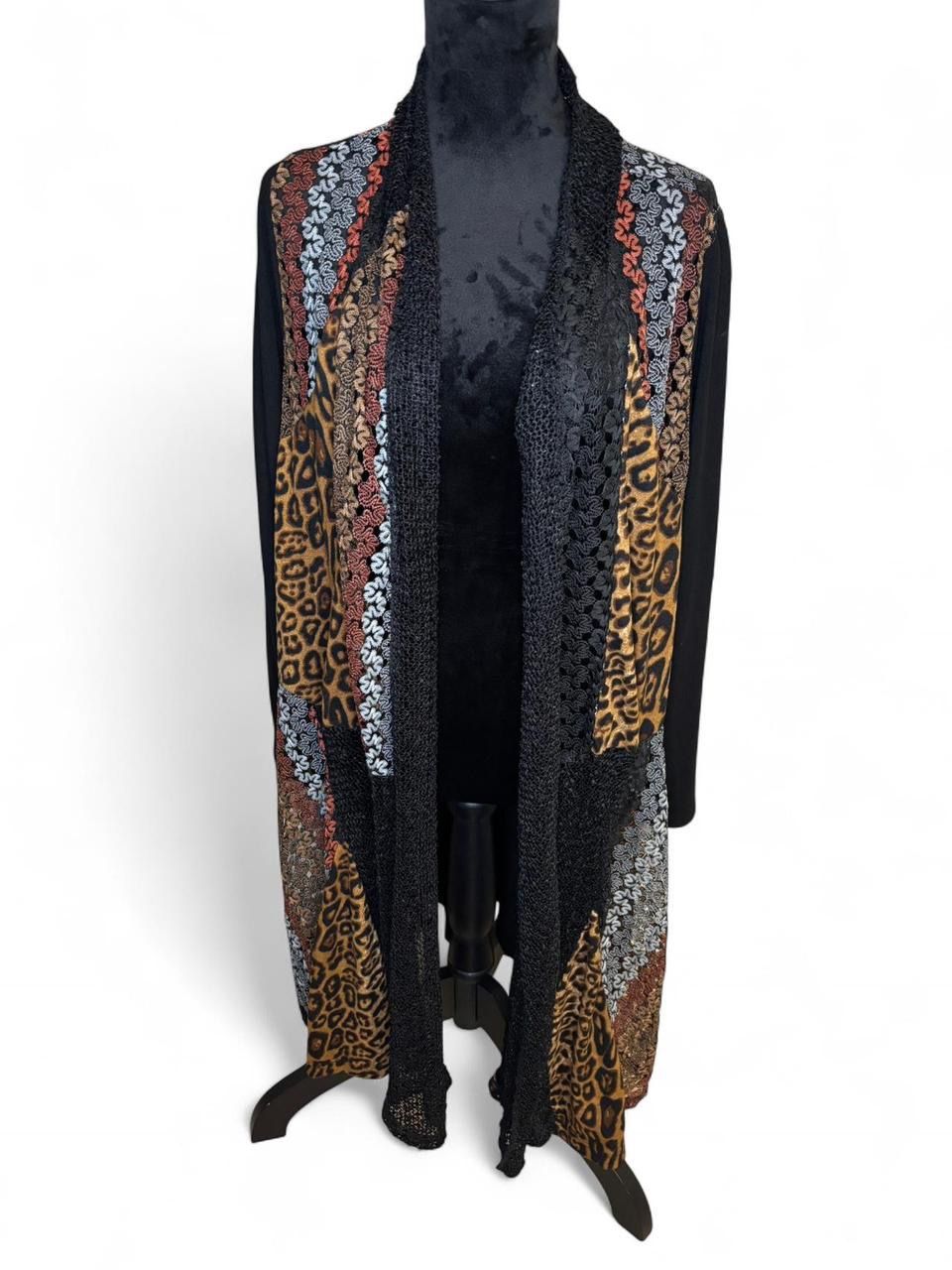 La Vanya Black Leopard Print and Lace Detailed Long Cardigan Size 1X