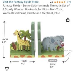 Fantasy Fields - Sunny Safari Animals Thematic Set of 2 Sturdy Wooden Bookends for Kids - Non-Toxic, Water-Based Paint, Giraffe and Elephant