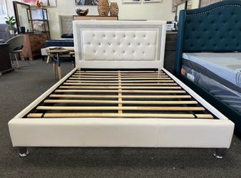 White Faux Leather Tufted Platform Bed Frame