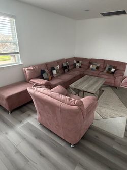 Large Pink Fabric Sectional Sofa with Armchair