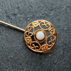Antique 12K Gold Filled Filigree White Opal Victorian Style Stick Pin, Van Dell