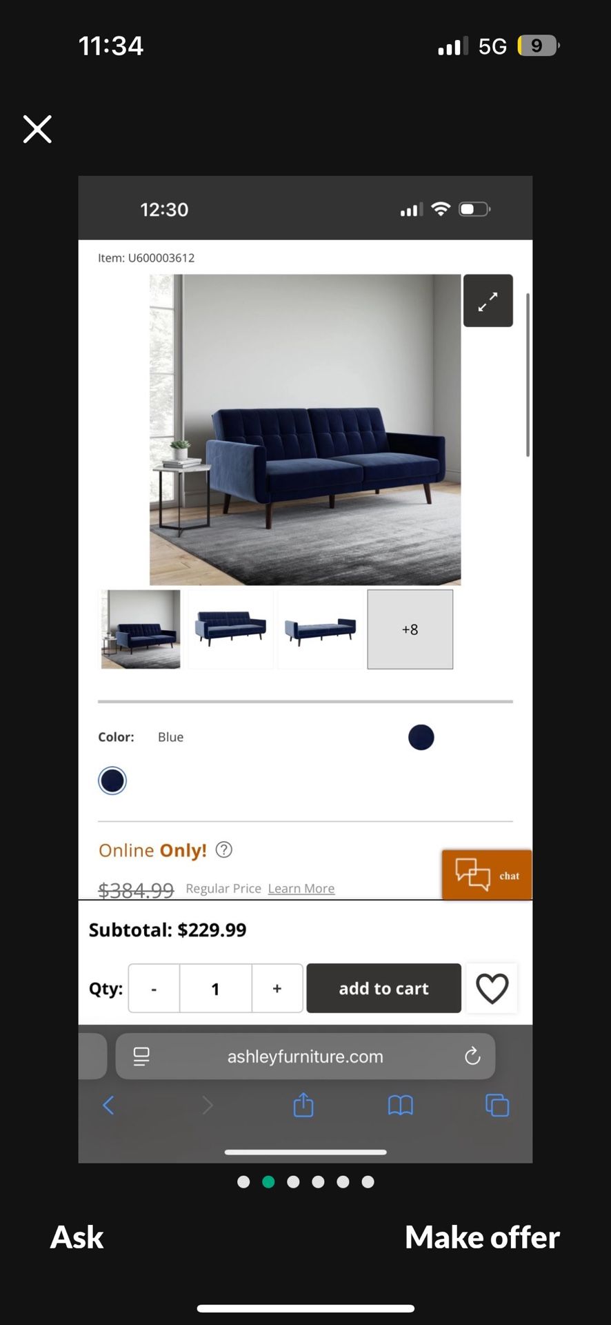 Blue Sofa Futon (Ashley Furniture)