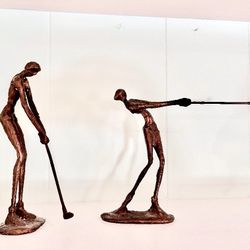 Brutalist Bronze Male And Female Golpher Statues, Abstract.