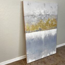 36x24 LARGE White Blue/Grey & Gold Foil/Glitter Textured Canvas Wall Art
