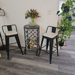 Two High Stools &Glass Table With Wine holder 